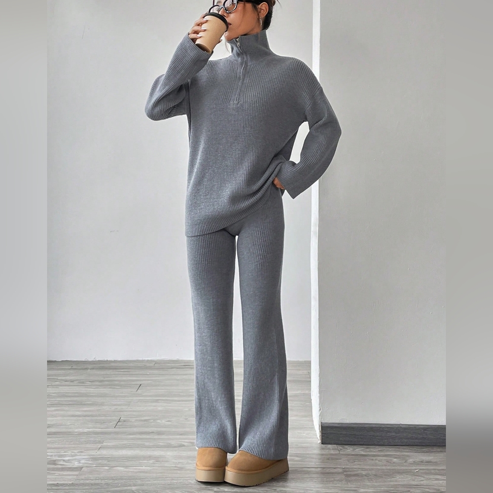 Half Zip Drop Shoulder Sweater & Knit Pants - Picture 2 of 6